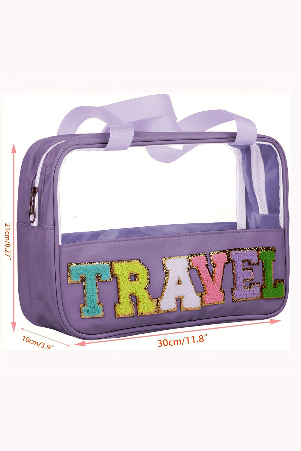 Purple TRAVEL Chenille Letter Clear PVC Makeup Bag