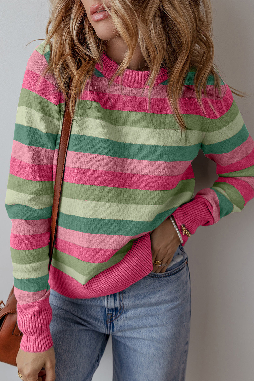 Green Color Block Ribbed Edge Round Neck Sweater