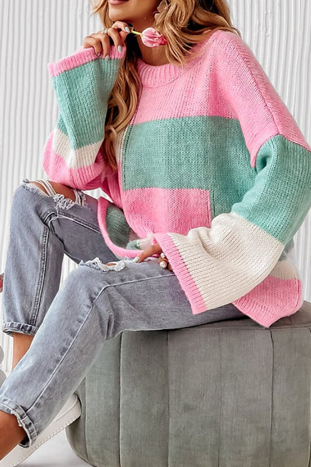 Color Block Round Neck Drop Shoulder Sweater