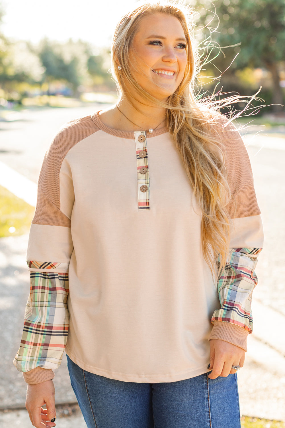 Parchment Plus Size Plaid Patchwork Layered Henley Top