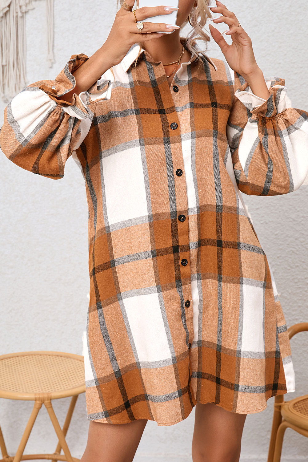 Khaki Plaid Pattern Collared Neck Ruffled Sleeve Shirt Dress