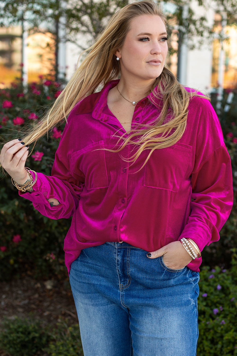 Bright Pink Plus Size Velvet Chest Pocket Drop Shoulder Shirt