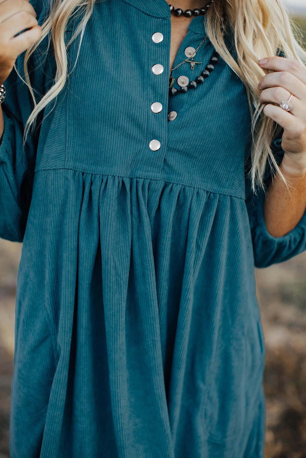 Blue Corduroy Snap Buttons Empire Waist Bracelet Sleeve Dress