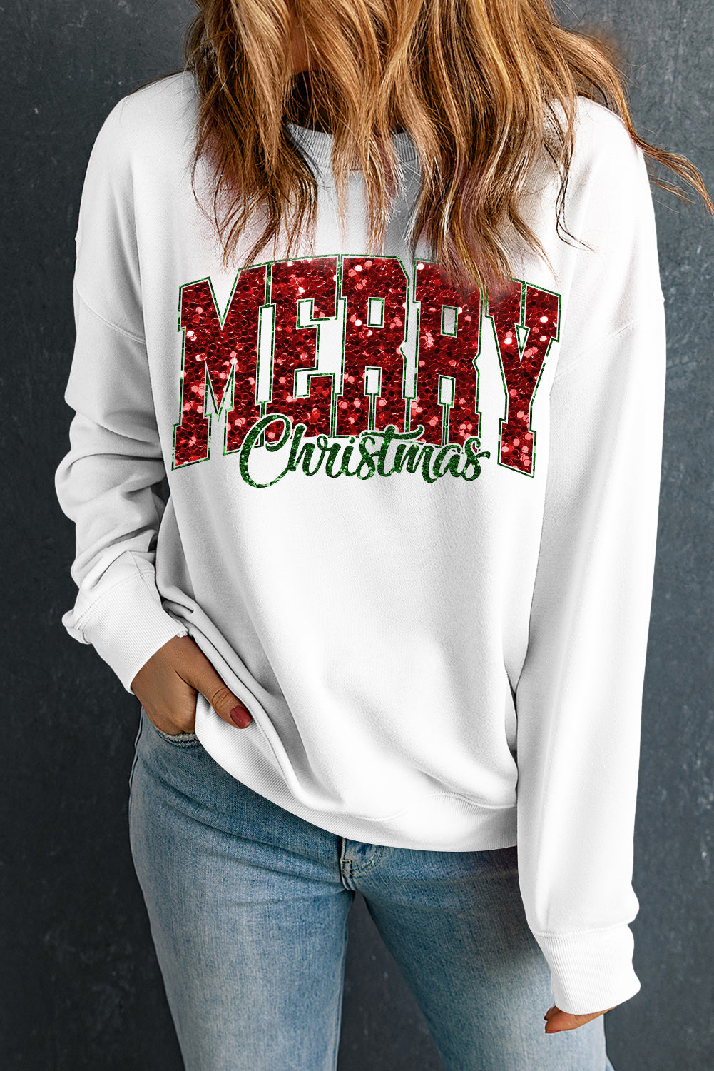 Beige MERRY Christmas Heat Transfer Printing Crewneck Pullover Sweatshirt