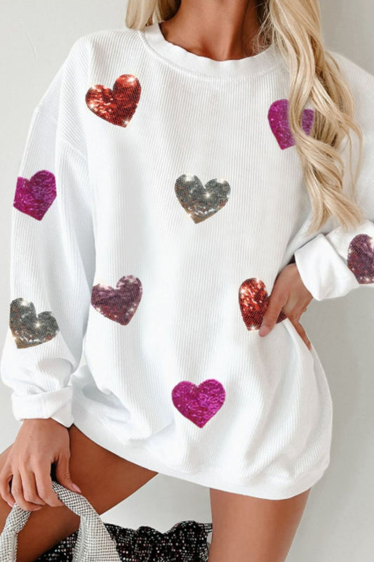 Valentine’s Day Sequin Heart Round Neck Long Sleeve Sweatshirt