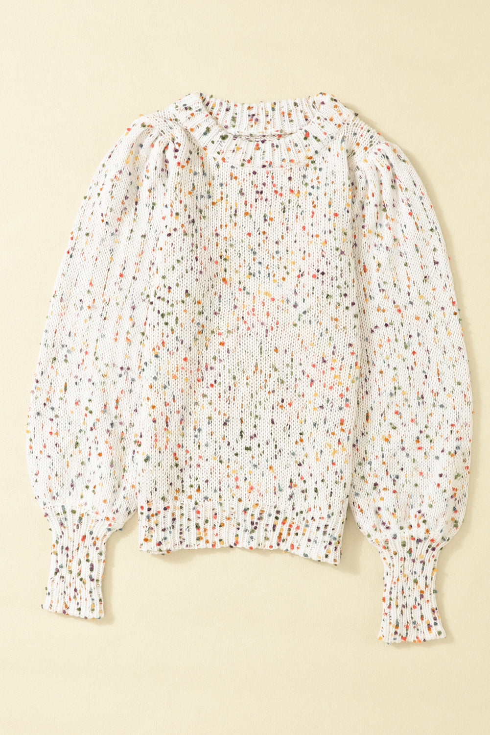 Beige Colorful Confetti Dots Cable Knit Crew Neck Sweater