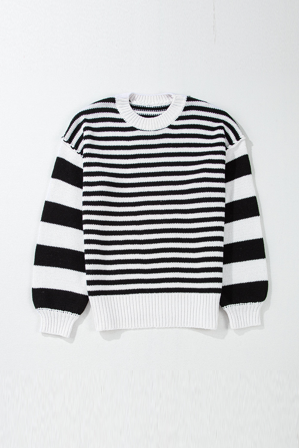 Black white Striped Drop Shoulder Bishop Sleeve Knit Sweater