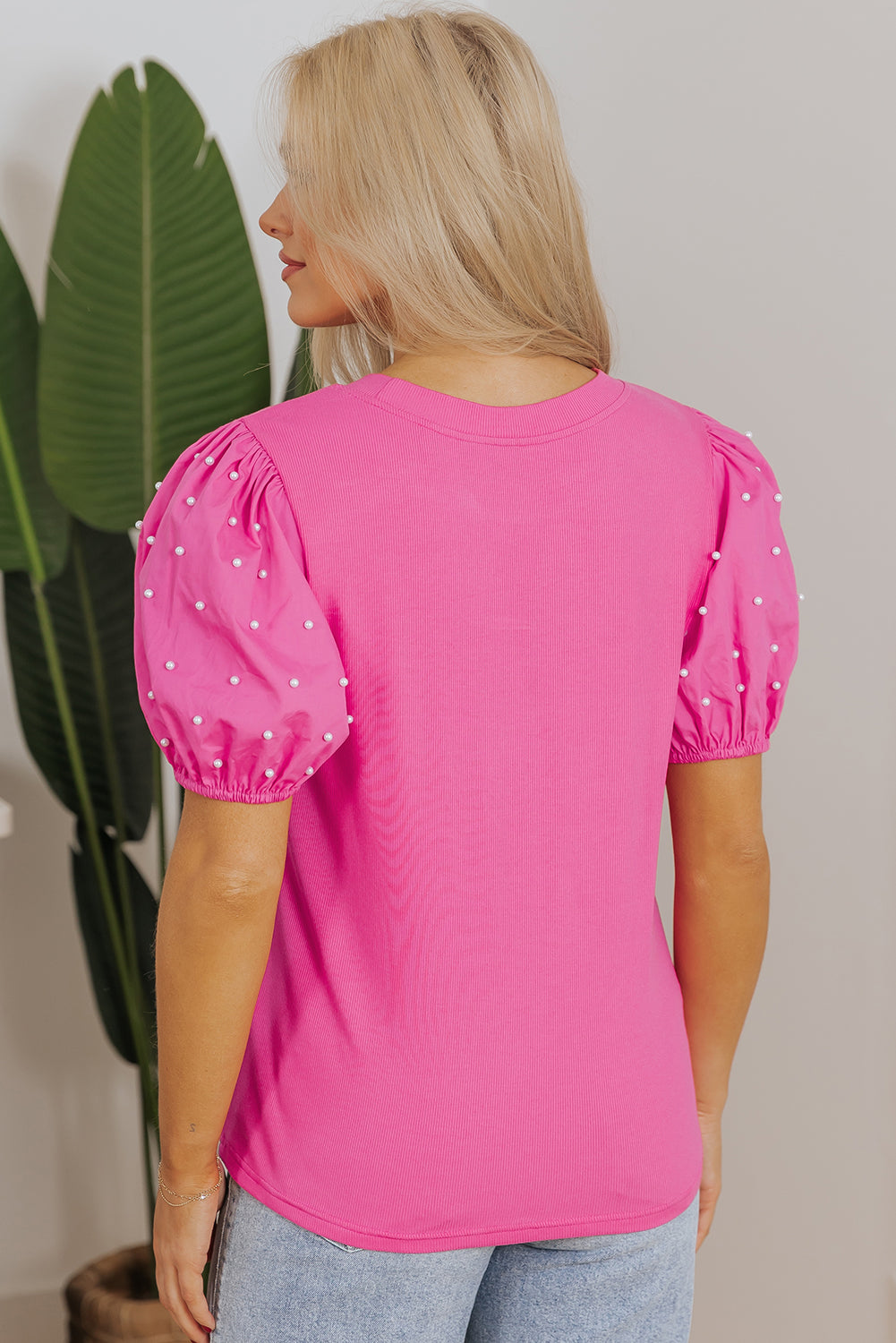 Bright Pink Ribbed Pearl Beaded Puff Sleeve Top