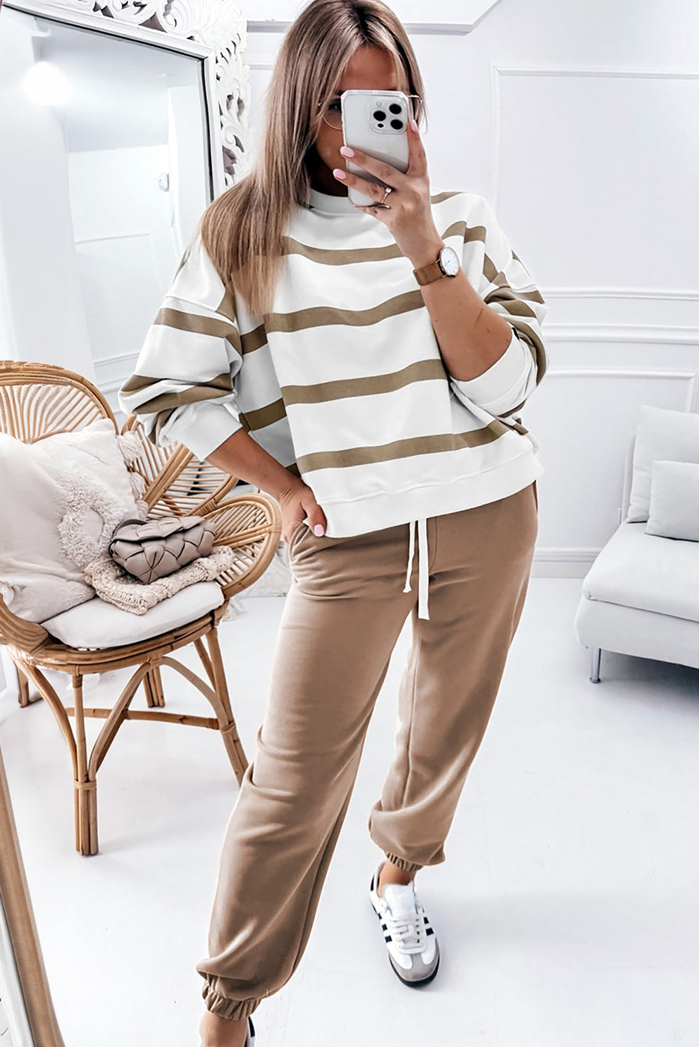 Light French Beige Drop Shoulder Pullover and Jogger Pants Set