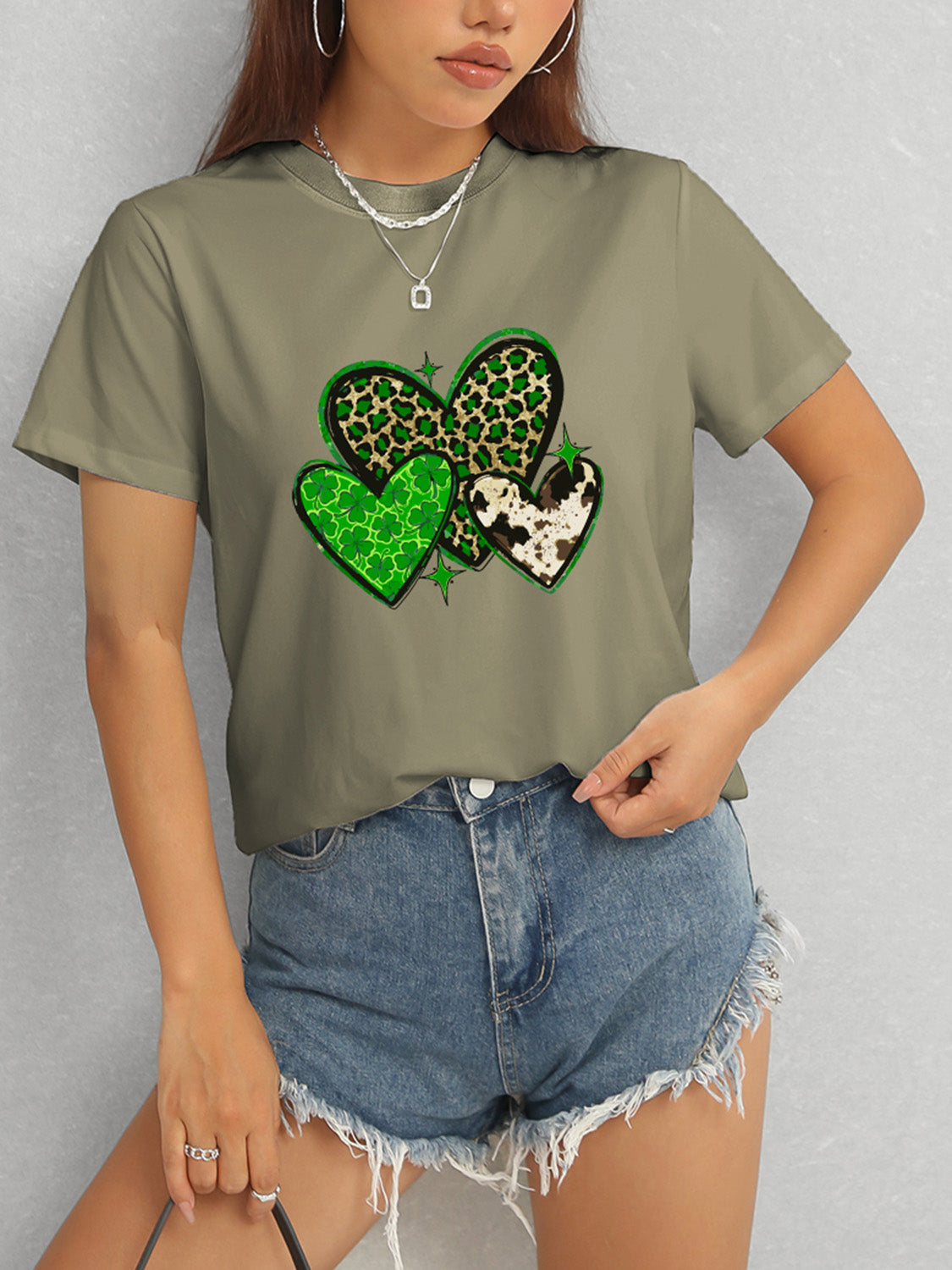 Heart Round Neck Short Sleeve T-Shirt