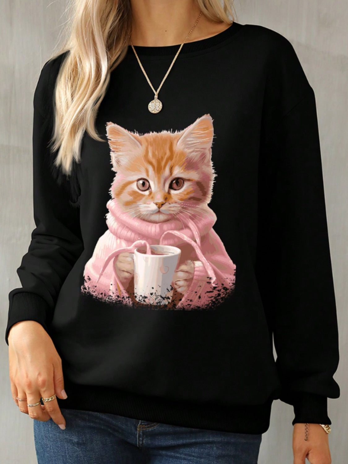 Cat Round Neck Long Sleeve Sweatshirt