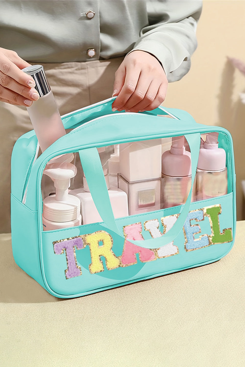 Mint Green TRAVEL Chenille Letter Clear PVC Makeup Bag