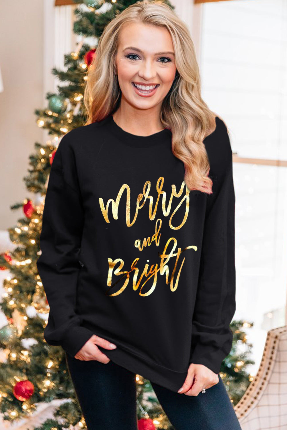 Black Merry & Bright Letter Print Pullover Sweatshirt