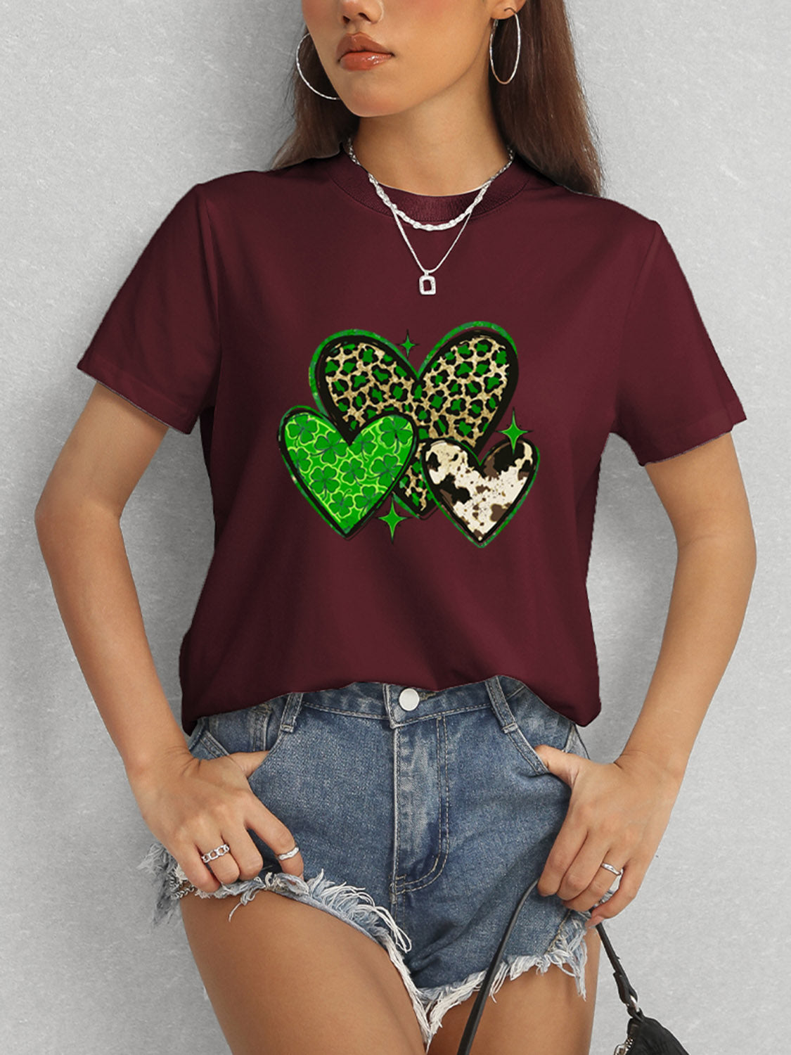 Heart Round Neck Short Sleeve T-Shirt