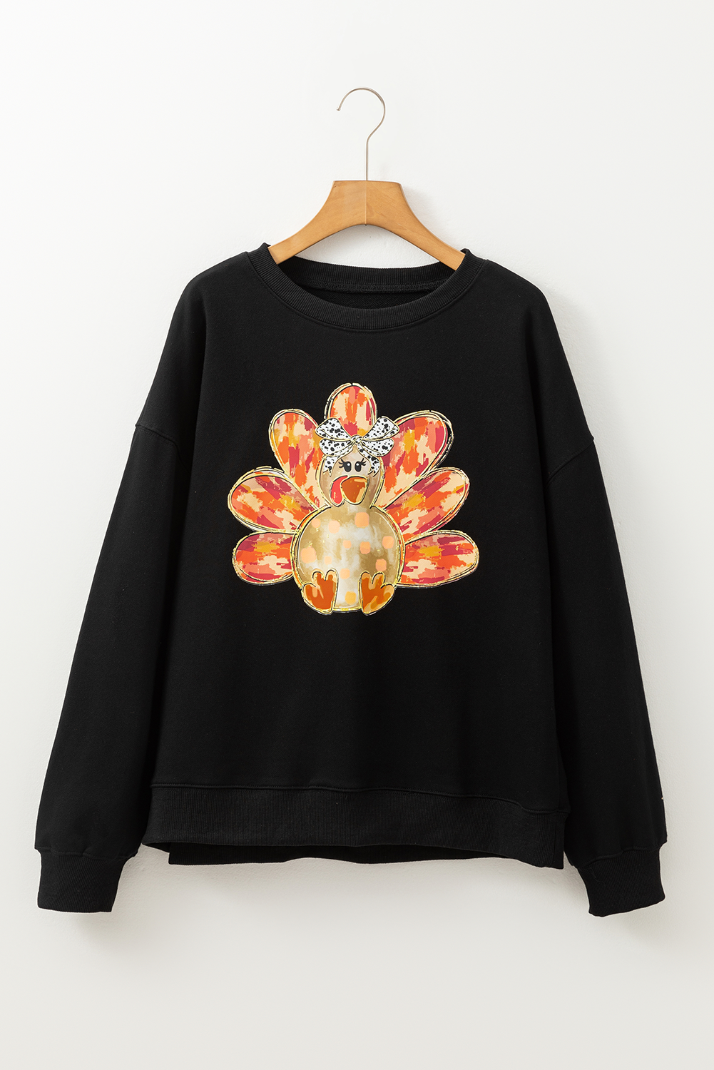 Black Thanksgiving Turkey Graphic Drop Shoulder Sweatshirt