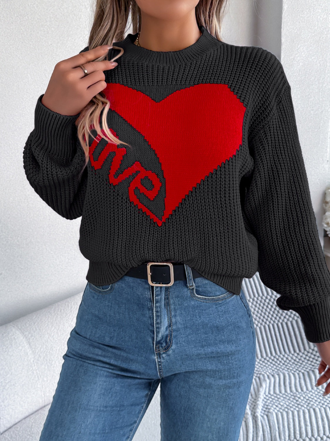 LOVE Heart Round Neck Dropped Shoulder Sweater