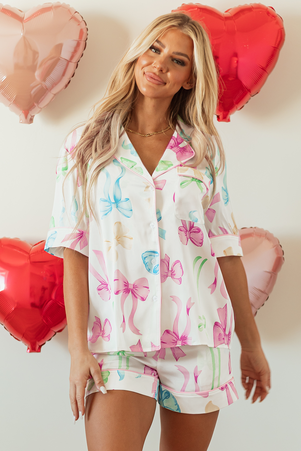 White Bowknot Print Buttoned Shirt High Waist Shorts Pajama Set