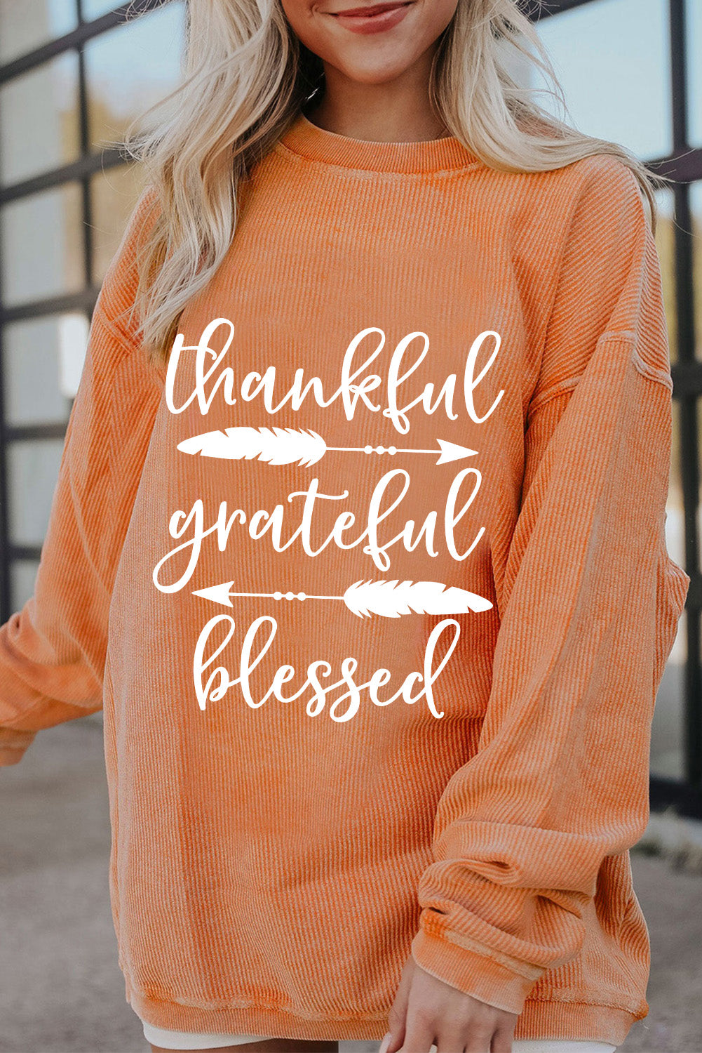 Orange thankful grateful blessed Arrow Graphic Corded Sweatshirt