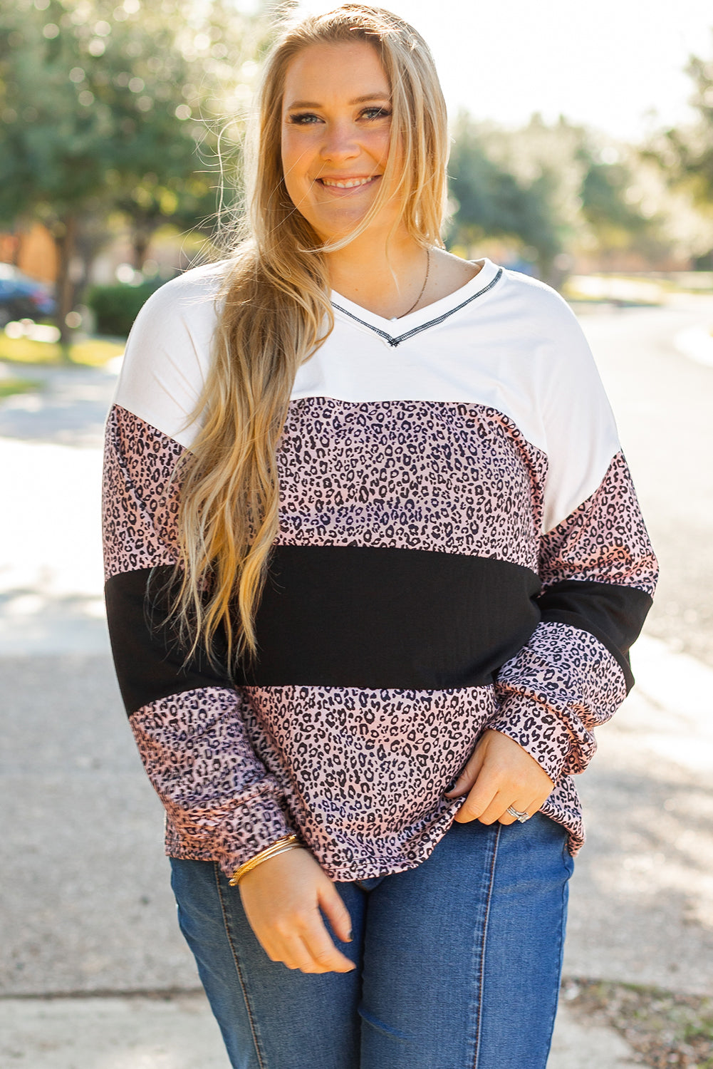 Black Leopard Print Colorblock V Neck Long Sleeve Plus Size Top