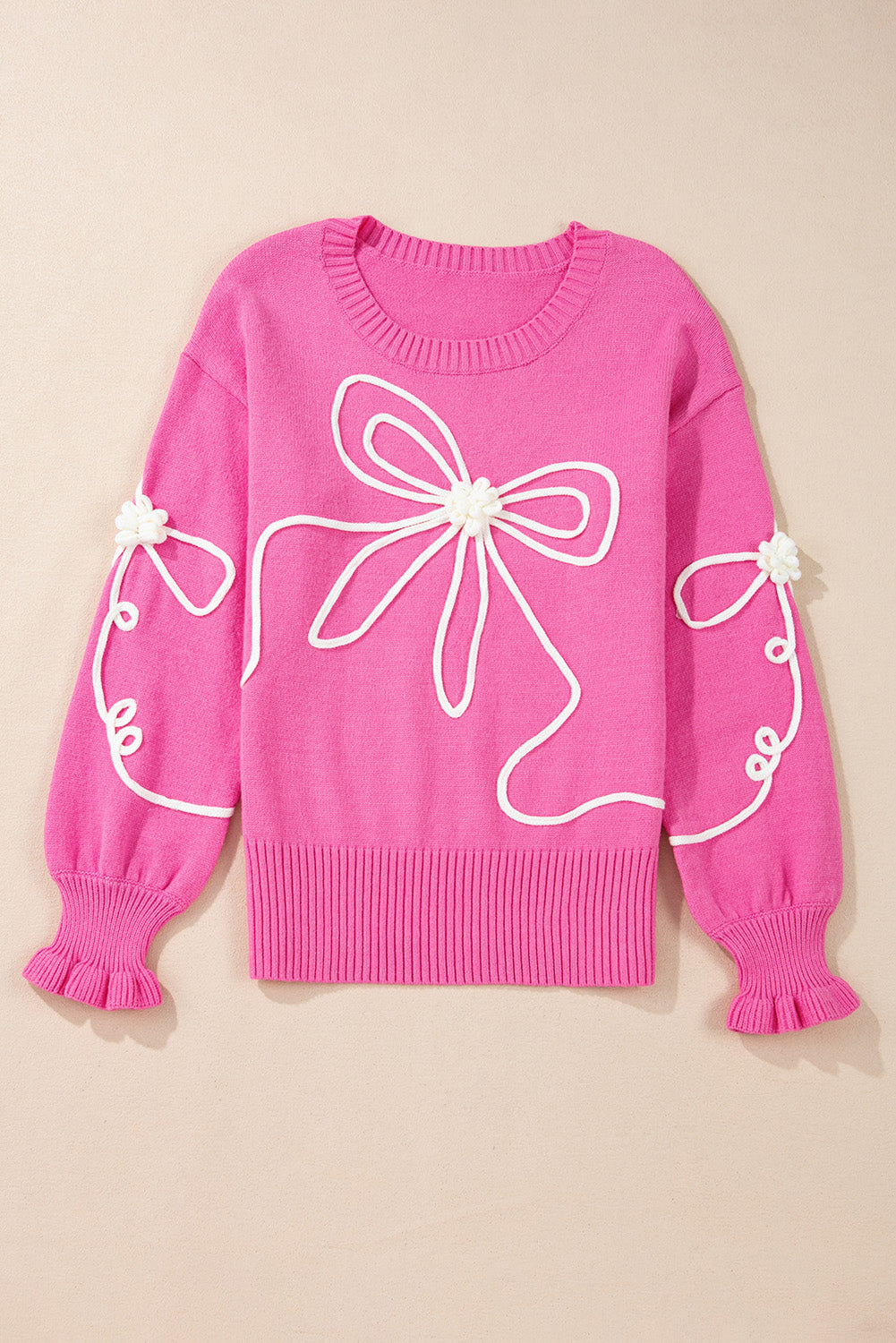 Bright Pink Corded Flower Bow Ribbed Trim Casual Sweater