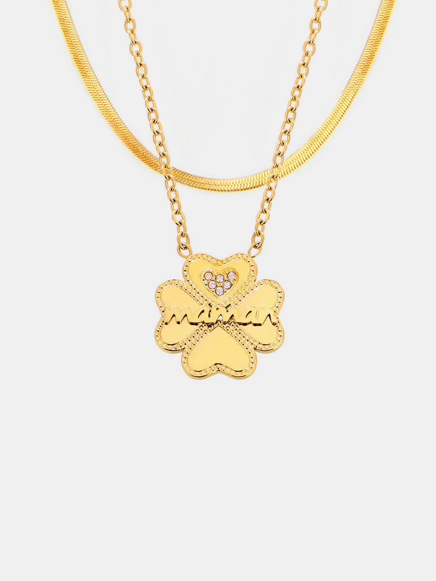 2 Piece 18K Gold-Plated Inlaid Zircon Lucky Clover Necklace