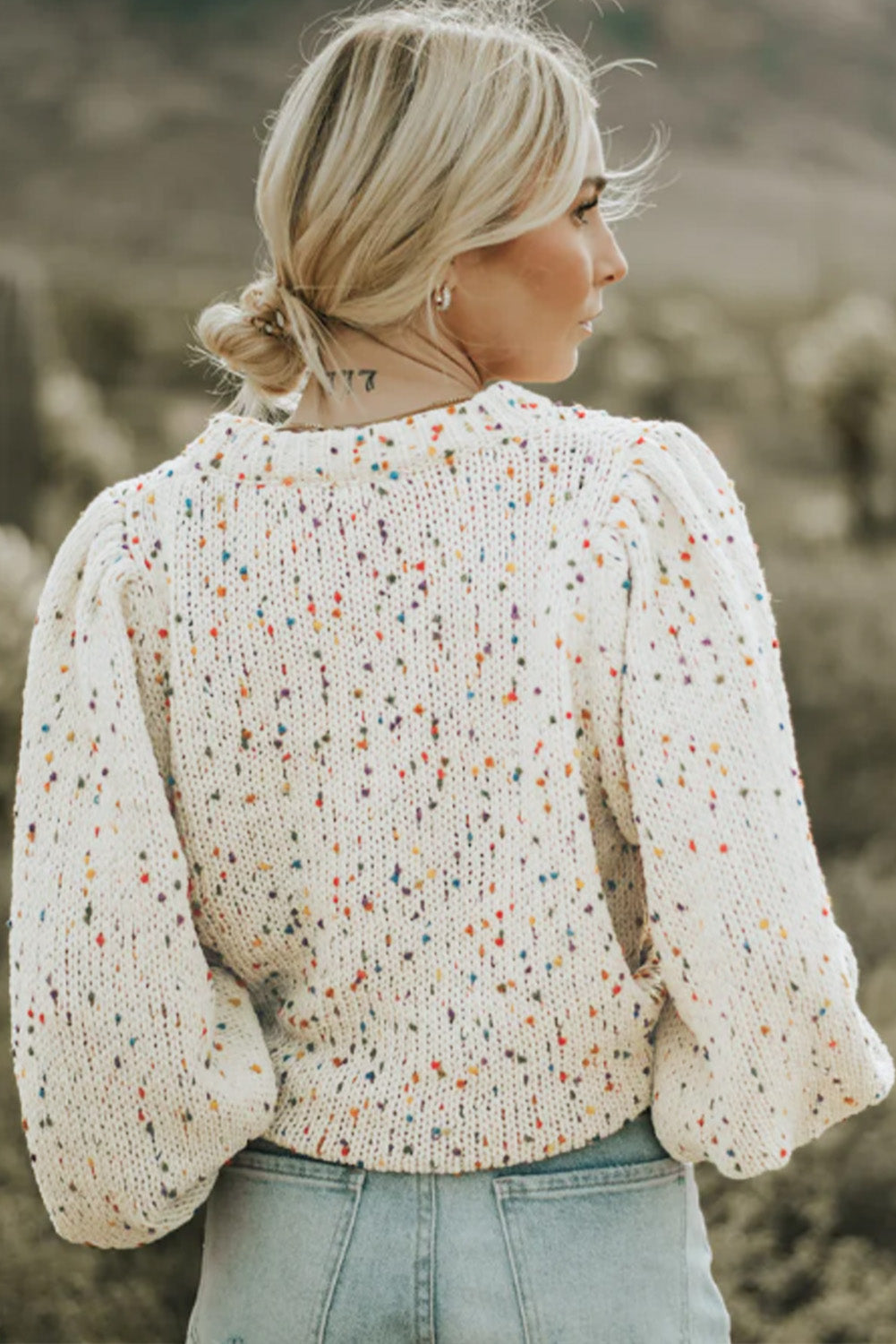 Beige Colorful Confetti Dots Cable Knit Crew Neck Sweater