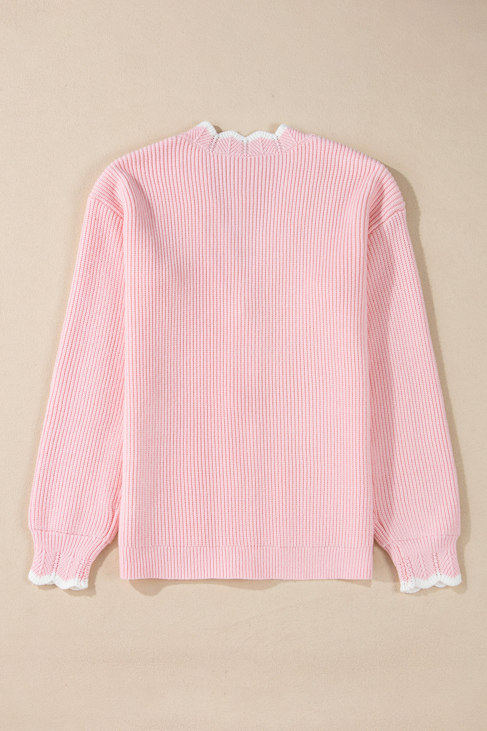 Pink Ribbed Knit Scalloped Edge Side Pockets Buttoned Cardigan