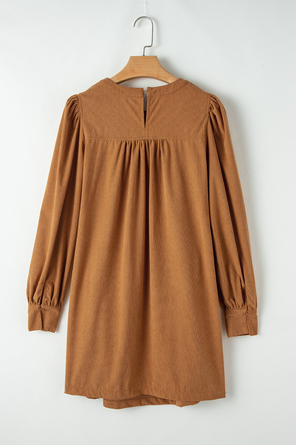 Desert Gold Corduroy Pleated Puff Sleeve Shift Short Dress